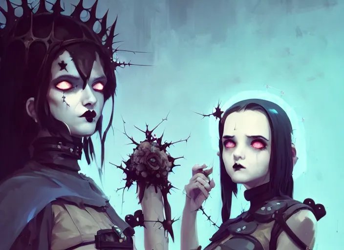 Image similar to two cute goth maiden girls with crown of thorns and white short hairs, dressed in leather belts, warhammer, cyberpunk, by atey ghailan, by greg rutkowski, by greg tocchini, by james gilleard, by joe gb fenton, by kaethe butcher, dynamic lighting, gradient light blue, brown, blonde cream and white color in scheme, grunge aesthetic