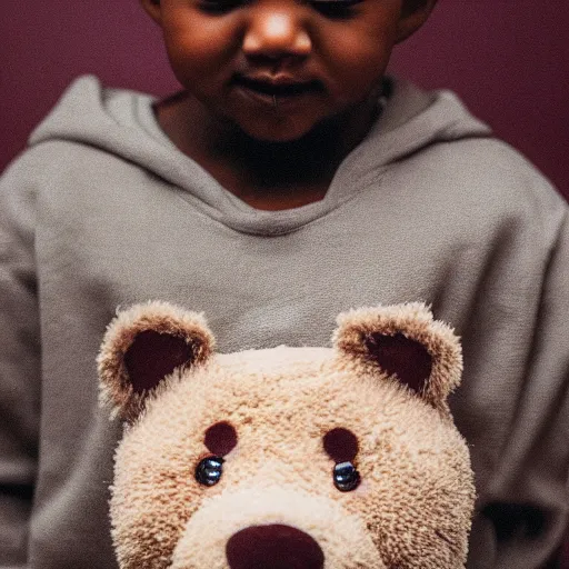Image similar to cinematic photograph of baby Kanye West with a anthropomorphic teddy bear, close up, portrait, album cover, shallow depth of field, 40mm lens, gritty, textures