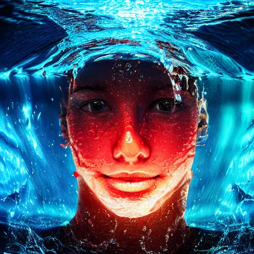 Image similar to water artwork manipulation in the shape of a human head, on the ocean water, futuristic, neon, magma, ray tracing, realistic water sharp focus, long shot, 8 k resolution, cinematic, surreal water art