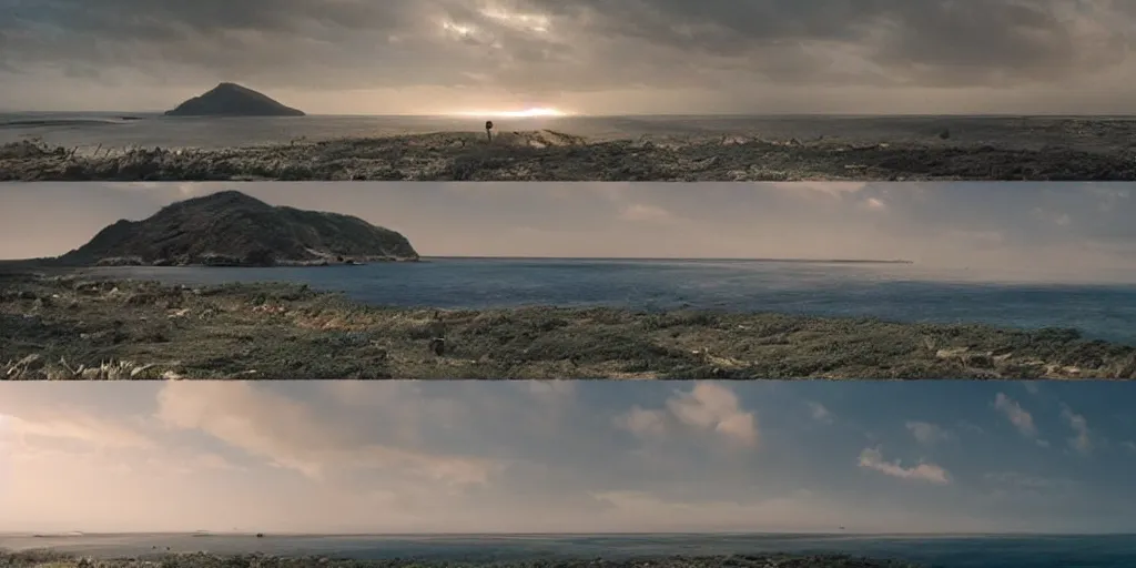 Prompt: screenshot from a movie, epic matte painting of an island, cinematic cinematography masterpiece,, roger deakins