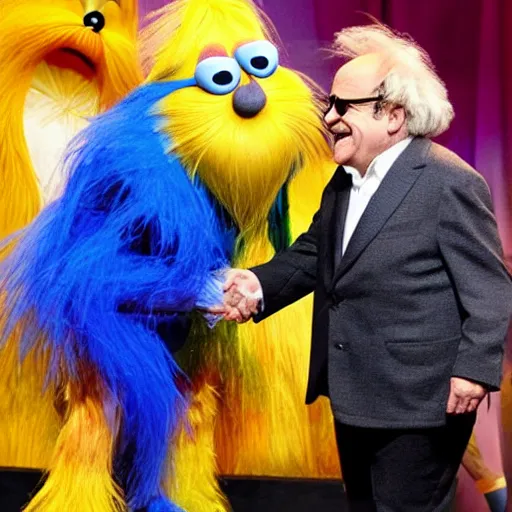 Image similar to Danny DeVito shaking hands with the Lorax