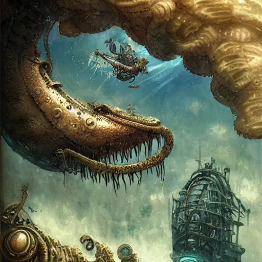 Prompt: a beautiful murmaid looking at a steampunk submarine above a slumbering kraken in its corpse filled lair under water, Greg Rutkowski, Moebius, Mohrbacher