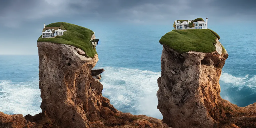 Prompt: a house on a cliff by the ocean by mike campau