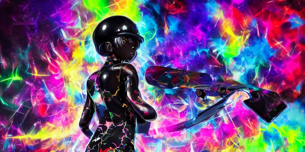 Image similar to : extremely beautiful photo of a black marble statue of an anime girl with colorful skateboard logos and helmet with closed visor, colorful hyperbolic background, fine art, neon genesis evangelion, virgil abloh, offwhite, denoise, highly detailed, 8 k, hyperreal