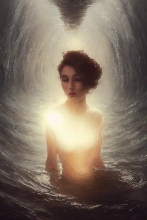 Prompt: floating deep in dark murky water!!!, underwater atmospheric mood, asleep and dreaming! cinematic volumetric lights, bust portrait, dnd, fantasy, intricate, elegant, highly detailed, digital painting, artstation, concept art, smooth, sharp focus, illustration, art by artgerm and tom bagshaw and greg rutkowski and alphonse mucha
