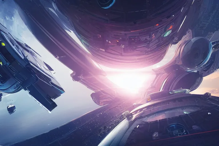 Prompt: hyper detailed shot of futuristic captial ship in space with sleek features and small spacecraft flying around, painting by jacob toorenvliet, trending on cg society, retrofuturism, anamorphic lens flare, movie still, reimagined by industrial light and magic