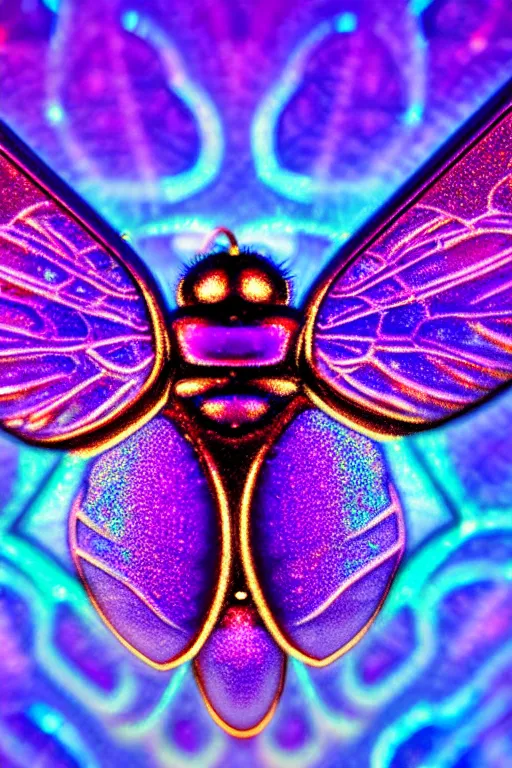 Image similar to high quality macro photo holographic art nouveau fly! jeweled gorgeous! highly detailed digital art david ligare elson peter cinematic purple neon lighting high quality low angle hd 8k sharp shallow depth of field