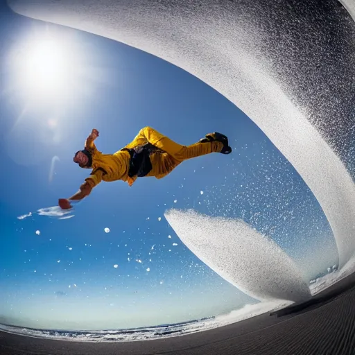 Image similar to a man falling to a plane, fast shutter speed, high speed, action photo, 1 / 1 0 0 0 sec shutter, fish - eye lens