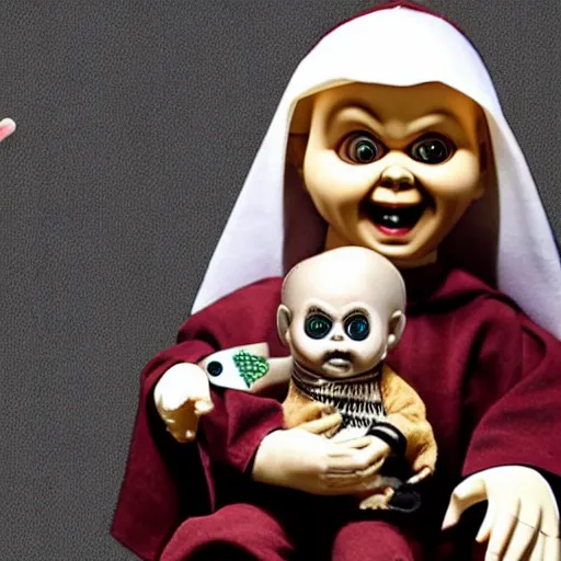 Image similar to a nun in church holding chucky the evil looking killer doll on her lap