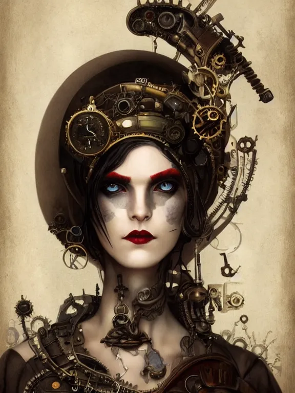 Image similar to a steampunk portrait of a hideous woman with shadowy eyes and bonewhite hair, with black glossy lips, hyperrealistic, award-winning, in the style of Tom Bagshaw, Cedric Peyravernay, Peter Mohrbacher