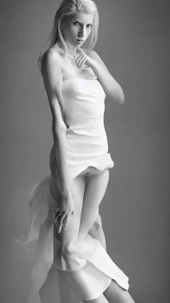 Prompt: detailed beautiful studio photo of emily skinner, looking like annie leonhart, very beautiful slim legs, wearing expensive heels and white short dress, in a white room, pale skin, bokeh, very very very very beautiful!!, hard focus, sexy dominant pose, full body shot, 9 0 mm, f / 1. 2 5, cover. photo : david roemer