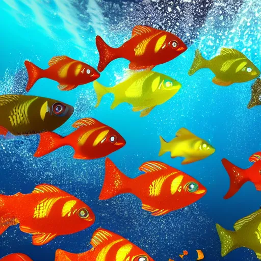 Image similar to Fishes swimming in a rainbow sea, ultra realistic 8K