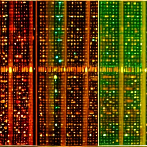 Image similar to digital grids and glowing stones with embedded LEDs. amber glowing screens and 9-track tape machines. jacob's ladder crackling.