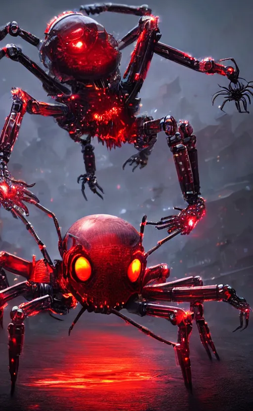 Image similar to a robot humanoid spider in a city, with 4 arms with claws, glowing red eyes, in a black carbon and red fiber armor, smiling creepily, dynamic lighting, photorealistic fantasy concept art, trending on art station, stunning visuals, creative, cinematic, ultra detailed