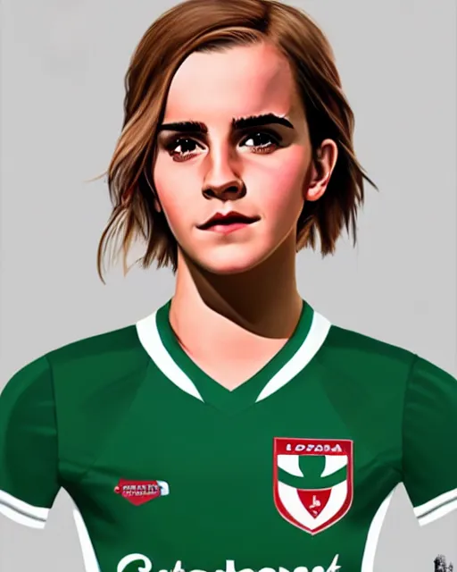 Image similar to a portrait of emma watson as a lokomotiv football player, hyper realistic