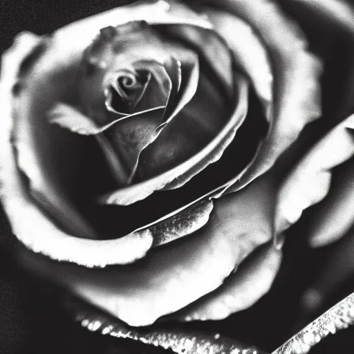 Prompt: a well-lit detailed macro photograph of a beautiful sliver filigree rose against a black backdrop.