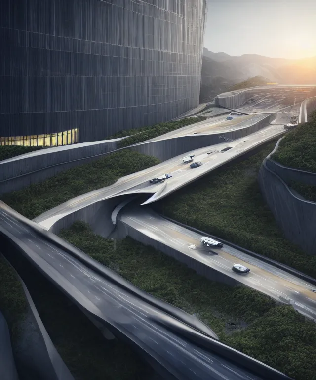 Image similar to denis villeneuve establishing shot of modern bjarke ingels condo building and gotthard tunnel entrance combined, roads tunnel under bjarke ingels condo building, lush environment, sunset raked lighting, scifi artstation digital concept art, unreal engine, hyper realism, realistic shading, cinematic composition, octane render, wide shot