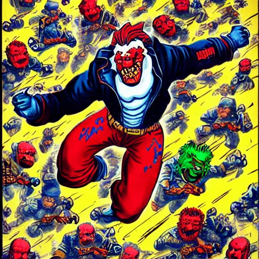 Prompt: Duke Nukem running from a swarm of angry clowns, videogame promotional art, 1990s