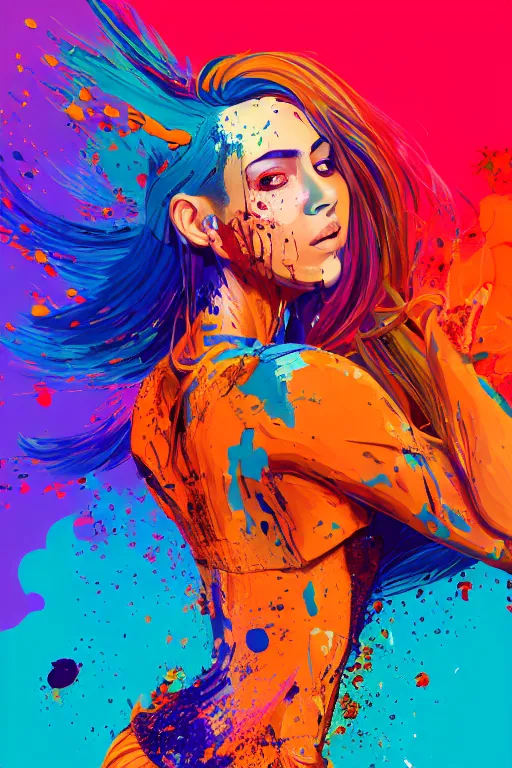 Image similar to a award winning half body portrait of a beautiful woman in a croptop and cargo pants with ombre orange blue teal hairstyle with head in motion and hair flying, paint splashes, splatter, outrun, vaporware, shaded flat illustration, digital art, trending on artstation, highly detailed, fine detail, intricate