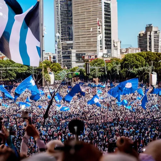 Image similar to Lady Gaga as president, Argentina presidential rally, Argentine flags behind, bokeh, giving a speech, detailed face, Argentina