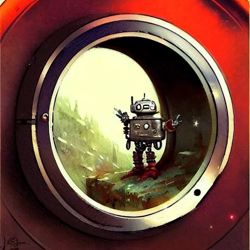 Image similar to adventurer ( ( ( ( ( 1 9 5 0 s retro future robot android time porthole portal window. muted colors. ) ) ) ) ) by jean baptiste monge!!!!!!!!!!!!!!!!!!!!!!!!! chrome red