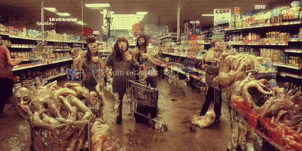 Image similar to studio happy creepy mud people inside a supermarket by bob bottin and cronenberg, horror grotesque, realistic detailed photography, filth and grim, colorized 1 9 9 0's