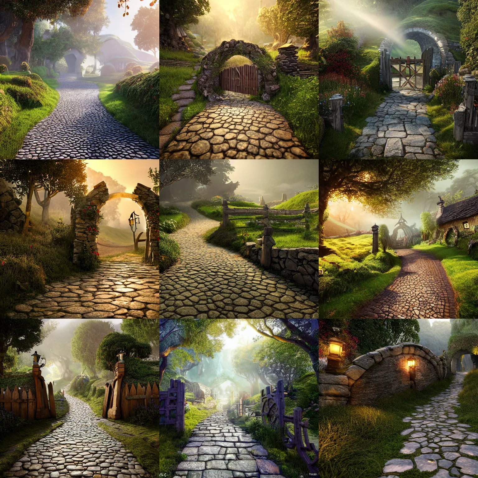 Prompt: cobblestone path leading to the wooden gates to the shire, hobbiton intricate detail, volumetric lighting, epic composition, hyper detailed, ultra realistic, sharp focus, octane render, volumetric, ray tracing, sense of awe, swirling mist, 4 k