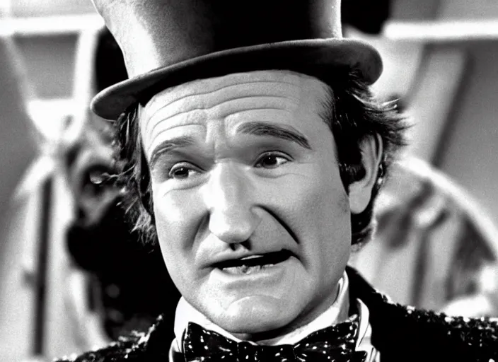 Image similar to film still of Robin Williams as Willy Wonka in Willy Wonka and the Chocolate Factory 1971