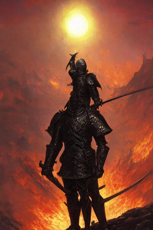 Prompt: a knight in black armor stands in front of a solar eclipse in a hellish landscape of ash and fire surrounded by a field of swords, intricate, highly detailed, artstation, concept art, illustration, sharp focus, art by ralph horsley, greg rutkowski, and alphonse mucha