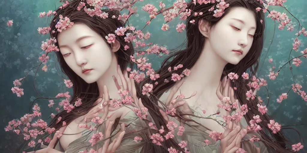 Prompt: breathtaking detailed concept art painting of the goddess of cherry blossom, orthodox saint, with anxious, piercing eyes, ornate background, amalgamation of leaves and flowers, by Hsiao-Ron Cheng, James jean, Miho Hirano, Hayao Miyazaki, extremely moody lighting, 8K