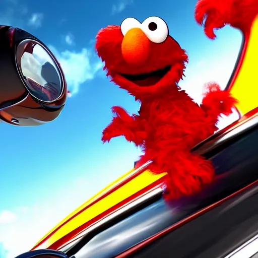 Prompt: Elmo driving a sports car, cinematic, cinematic lighting, HD, movie experience