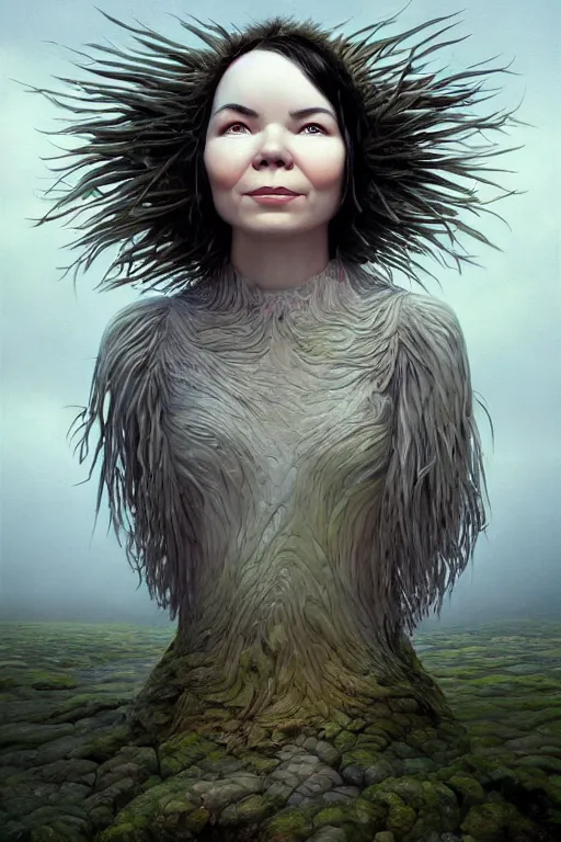 Image similar to beautiful bjork portrait in iceland by hubert robert and lee madgwick and roger dean and jacek yerka, dan mumford and alex grey style, soft lighting, 4 k hd wallpaper illustration concept joy atmospheric lighting