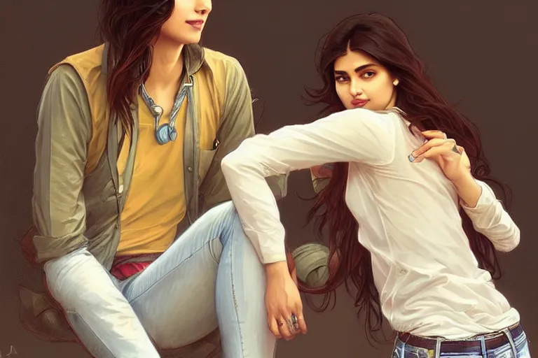 Image similar to Sensual good looking pale young Indian doctors wearing jeans in an airport, portrait, elegant, intricate, digital painting, artstation, concept art, smooth, sharp focus, illustration, art by artgerm and greg rutkowski and alphonse mucha