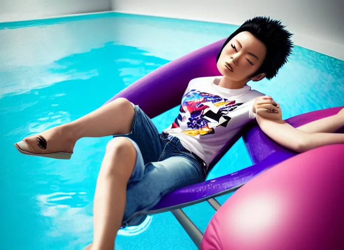 Prompt: closeup portrait of kyoka jiro from my hero academia relaxing in jeans and a t - shirt on a floating pool chair, sunny, bright, reflections, intricate, sharp focus, lens flare, bloom, illustration, highly detailed, digital painting, concept art, matte, art by ruan jia and wlop and greg rutkowski, masterpiece