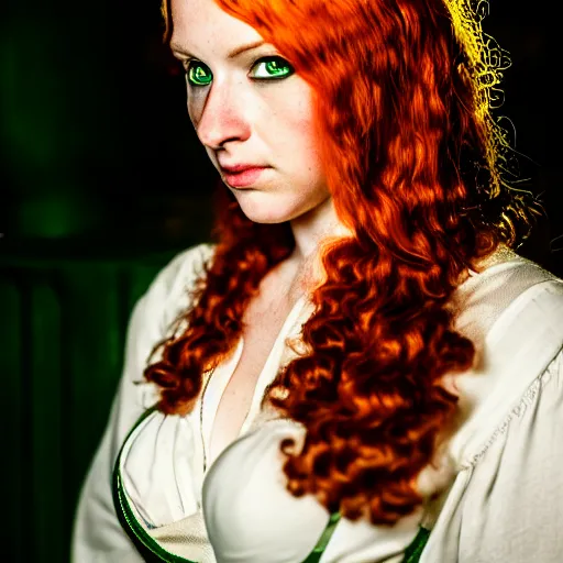 Prompt: beautiful bar maid with auburn hair and green eyes, in a medieval tavern at night, dramatic, cinematic, filmic, 7 5 mm, f / 1. 8