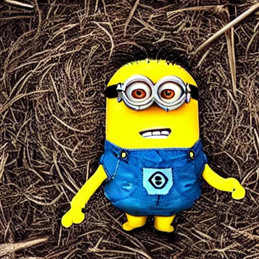 Prompt: a still of a minion in the blair witch project, hyper realistic