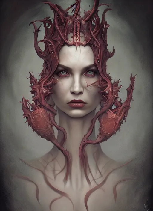 Prompt: a detailed full body portrait the queen of blades, rule of thirds, a beautiful face, diablo 4 lilith, by tom bagshaw, by dorian cleavenger, zdzisław beksinski, bastien lecouffe - deharme trending on artstation