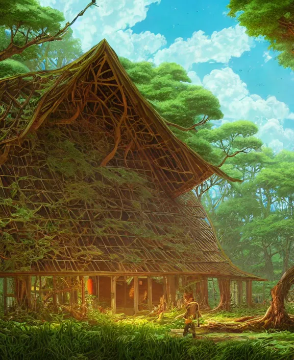 Image similar to a large schoolhouse made from leaves, overgrown with huge exotic fungus, deep in the woods, noon, sun drenched, partly cloudy, by dan mumford, yusuke murata, makoto shinkai, ross tran, cinematic, unreal engine, cel shaded, featured on artstation, pixiv