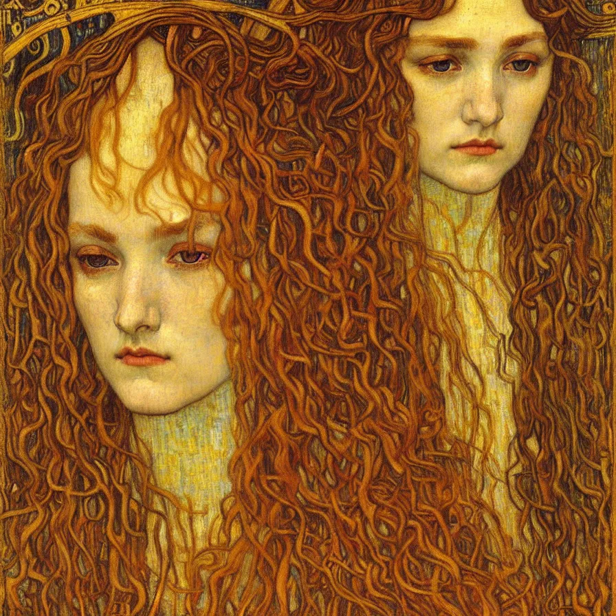 Image similar to detailed realistic beautiful young medieval queen face portrait by jean delville, gustav klimt and vincent van gogh, art nouveau, symbolist, visionary, gothic, pre - raphaelite, muted earthy colors, desaturated