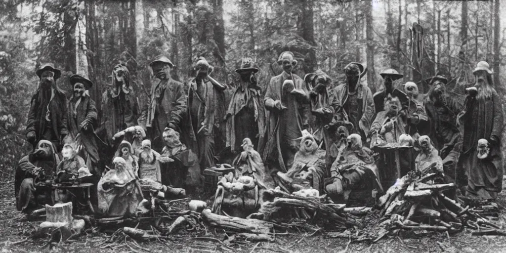 Prompt: old forest hermits holding voodoo dolls around a wildly lit campfire in an ominous forest, 1 9 0 0 s photography