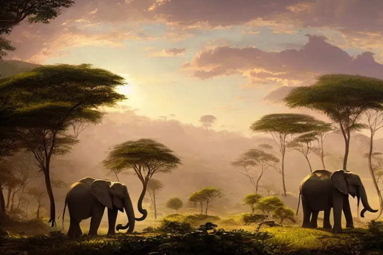 Image similar to African elephants in the jungle, beautiful dynamic lighting, cinematic, wide angle establishing shot, extremely high detail, photo realistic, cinematic lighting, post processed, concept art, artstation, matte painting, style by frederic church, raphael lacoste, alex ross