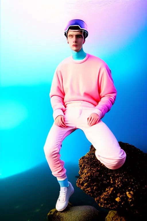 Prompt: high quality pastel coloured film mid angle portrait photograph of a beautiful young 2 0 year old male, soft features, short hair, perspex face visor and oversized inflated clothing!!!! icelandic black! rock pool environment. atmospheric three point light. photographic. art directed. ( pastel colours ). volumetric. clearcoat. waves. 8 k. filmic.