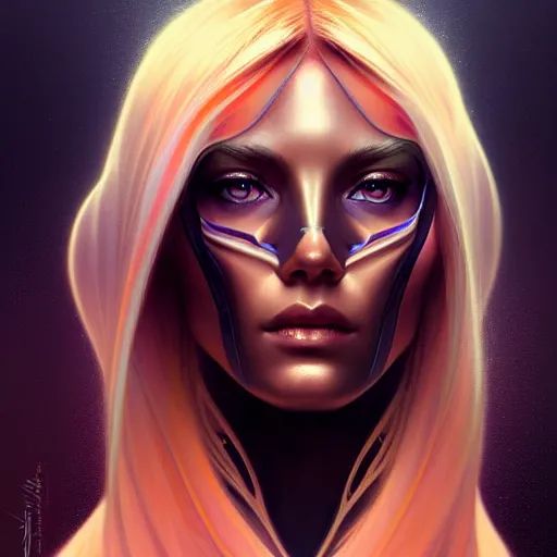 Image similar to futuristic woman portrait, sci-fi, amber eyes, face, long hair, fantasy, intricate, elegant, highly detailed, digital painting, artstation, concept art, smooth, sharp focus, illustration, art by artgerm and greg rutkowski and alphonse mucha