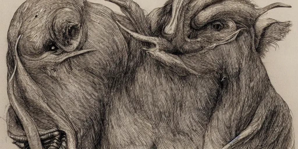 Image similar to realistic portrait of creatures from nightmares, drawn, golden, 1450, ink, ultra realistic, 8k