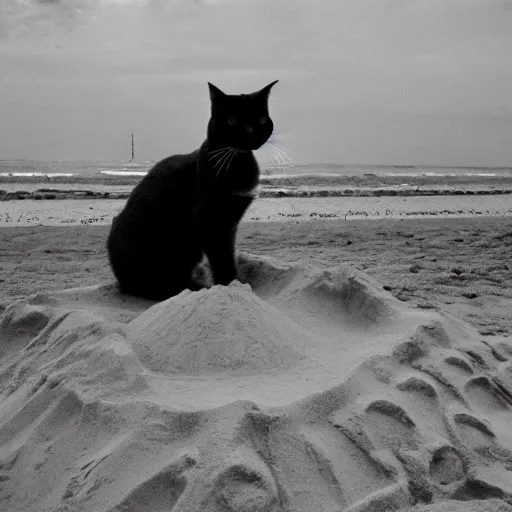 Image similar to photo of cat making a sand castle on the beach, cinestill, 8 0 0 t, 3 5 mm, full - hd