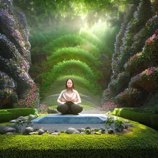 Prompt: hyper realistic render of a heavenly garden of peace, filled with trees, stone slab, flowers, moss, ferns, a girl meditating at a distance, trending on artstation, volumetric lighting, hyper realistic, hyper detailed, high quality render, blender guru