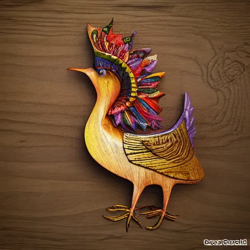 Image similar to carved wooden colorful bird, golden crown, dark, rusty, fantasy forest, highly detailed, ultra realistic, artstation, smooth, sharp focus