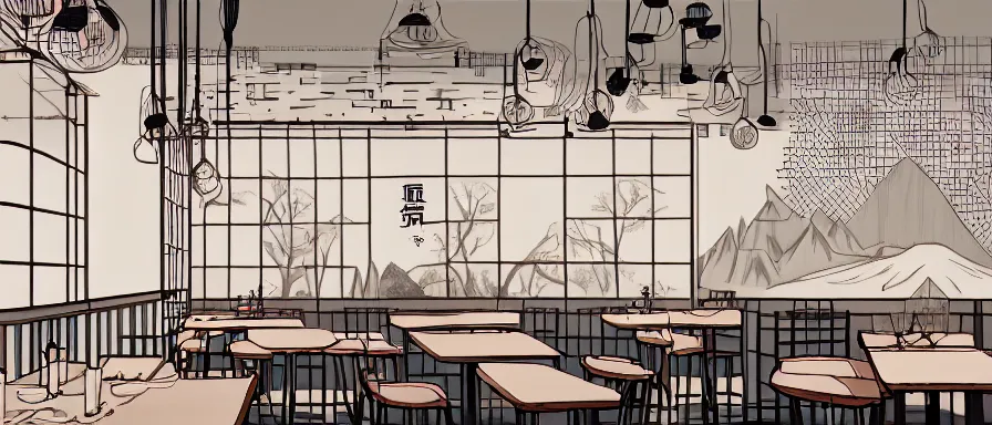 Prompt: a beautiful simple interior 4 k hd wallpaper illustration of small roasted string hotpot restaurant restaurant yan'an, animation illustrative style, from china, restaurant theme wallpaper is tower and mountains, rectangle white porcelain table, black chair, fine simple delicate structure, simple style structure decoration design, victo ngai, james jean, 4 k hd