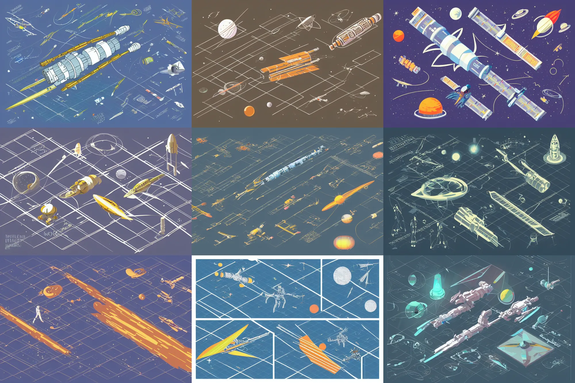 Prompt: Space travel, concept art, industrial sci-fi, technical drawing, vector art, isometric illustration