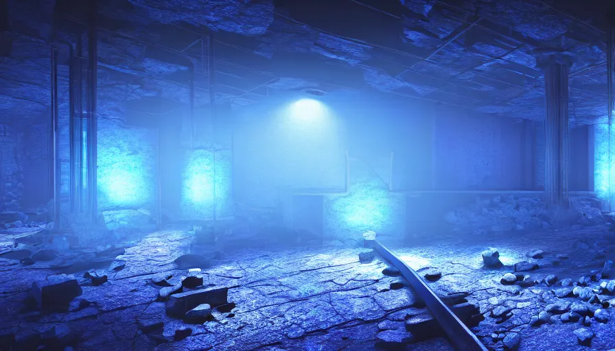 Image similar to Blue Glowing Gemstones in an abandoned old mine, Volumetric Lighting, Anamorpic Lens, Cinematic Lighting, Hyperrealistic Rendering, Hyperdetailed, Intricate Details, Dynamic Lights, Raytracing